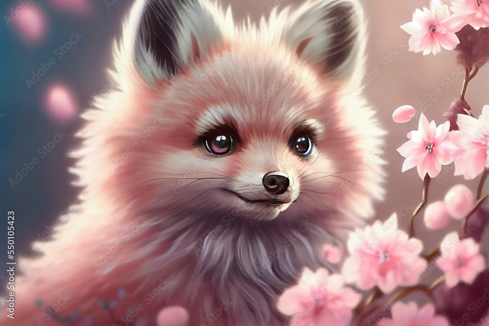 A cute pink baby fox with a sakura tree, up close