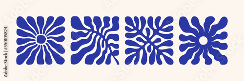 Matisse abstract flower art set. Organic doodle shapes in trendy naive retro style. Contemporary posters and backgrounds. Floral botanic vector illustrations in blue colors.