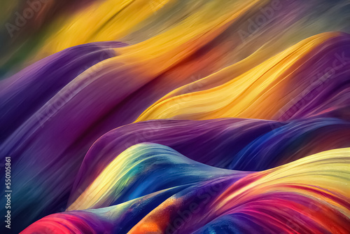 Multicolored liquid wavy dynamic fluid abstract background. Undulating relief. 3D illustration.