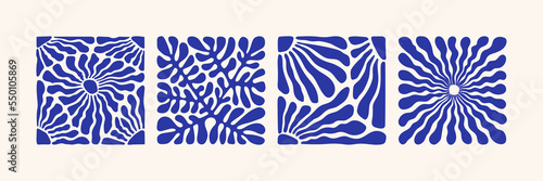Matisse abstract flower art set. Organic doodle shapes in trendy naive retro style. Contemporary posters and backgrounds. Floral botanic vector illustrations in blue colors.
