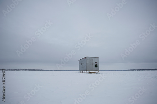 A homemade ice shanty sits atop the ice pack on Lake Monona in Madison, WI. photo