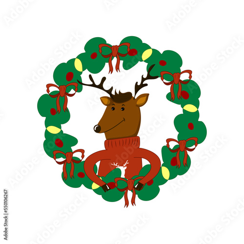 vector greeting card deer in a wreath. Merry Christmas and a happy new year