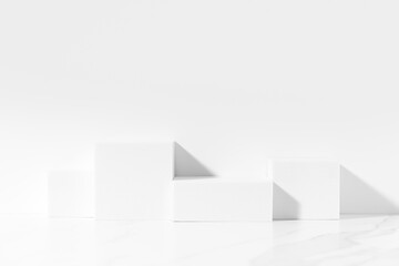 White template for product presentation made with white square podiums on white background in sunlight. Trendy fashion showcase mockup.