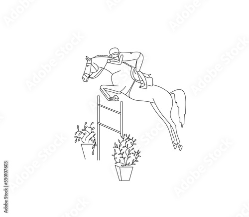 Equestrian show jumping. Isolated outline for coloring book