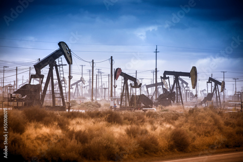 A nodding donkey pumps crude up from the ground on an oil field. photo