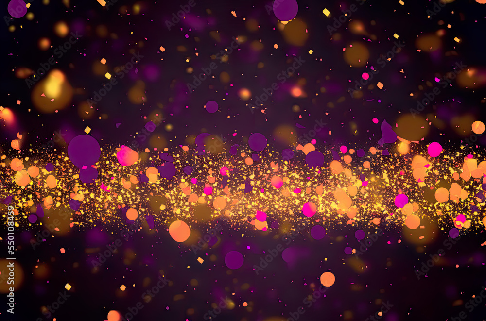 christmas background, party background, de-focused confettis, purple gold black confettis, glitter, invitation, celebration, generative AI