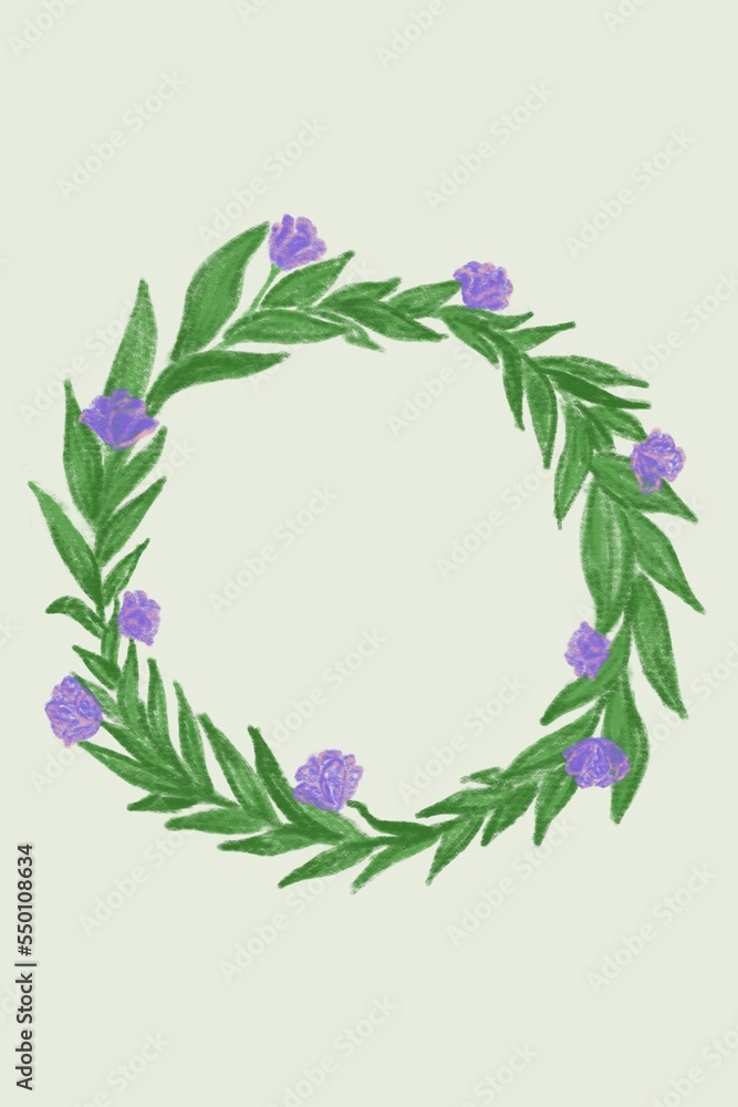 pastel hand-drawn wreath with violet flowers for your text