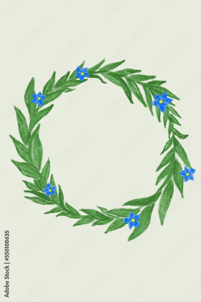 pastel hand-drawn laurel wreath with blue flowers for your text pastel hand-drawn laurel wreath with blue flowers for your text