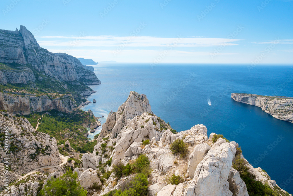 High angle view of rocky limestone Mediterranean landscape at Calanque de Sugiton High angle view of rocky limestone Mediterranean landscape at Calanque de Sugiton