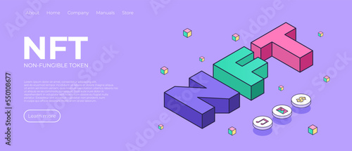 NFT theme design landing page. NFT abstract concept illustration in isometric design. Non-fungible token blockchain or marketplace. Vector illustration design