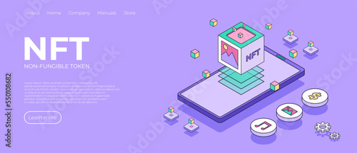 NFT theme design landing page. NFT abstract concept illustration in isometric design. Non-fungible token blockchain or marketplace in smartphone. Vector illustration design