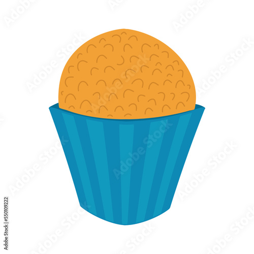 Laddu or laddoo is a spherical Indian dessert. Cute sweet ball in blue cupcake paper. Vector illustration isolated on white.