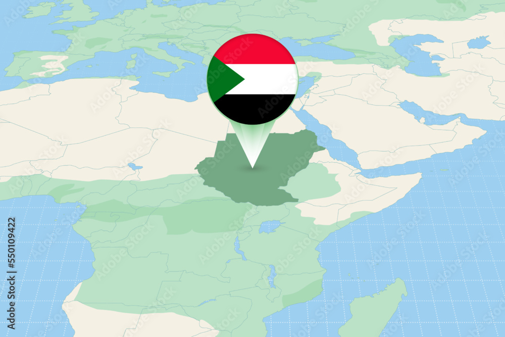 Map illustration of Sudan with the flag. Cartographic illustration of