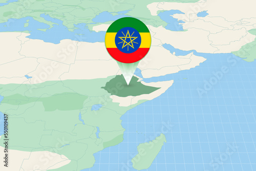 Map illustration of Ethiopia with the flag. Cartographic illustration of Ethiopia and neighboring countries.