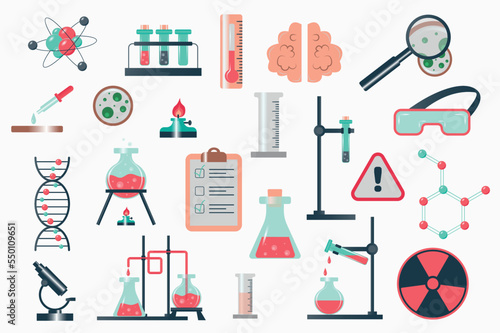 Science laboratory isolated elements set in flat design. Bundle of atom, test tubes, thermometer, magnifier, glasses, warning sign, DNA molecule, chemical reaction and other. Vector illustration.