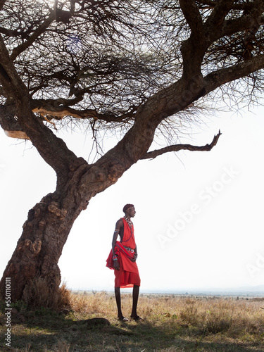 Portrait of a Masaai warrior standing beneath an Acacia tree. photo