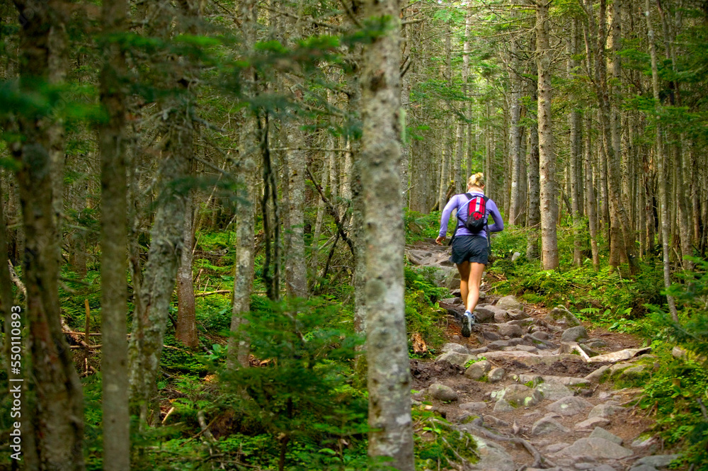 Woman trail running in New Hampshire, USA. Woman trail running in New Hampshire, USA.