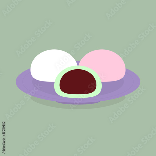 Mochi on violet plate. Traditional white, pink and green daifuku with anko. Japanese tasty dessert with azuki beans and green tea. Flat delicious wagashi. Vector illustration