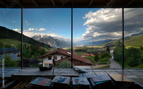 Window view from a mountain house in Sellrain, Tirol, Austria. photo