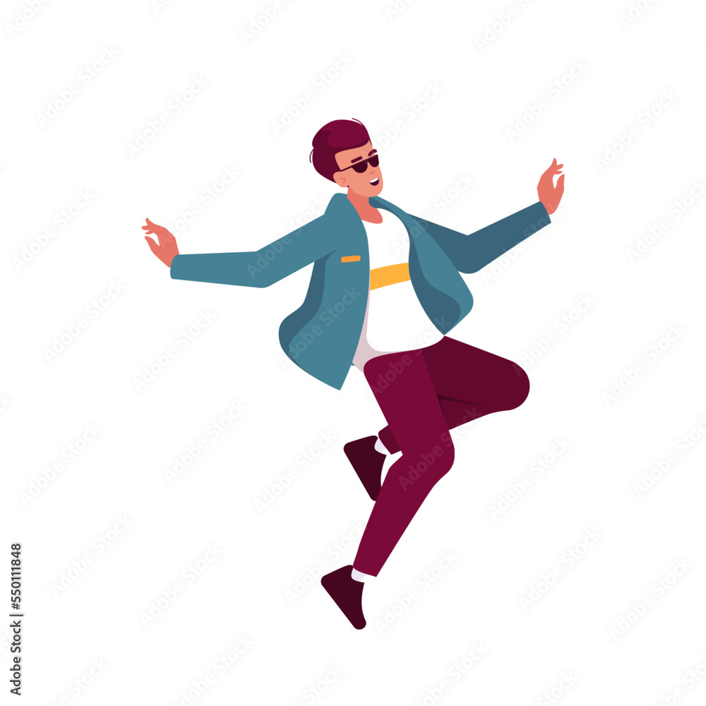 Fun Concept With Positive Man In Trendy Clothes Jumping, Rejoice And Laugh. Happy Character Isolated On White Background