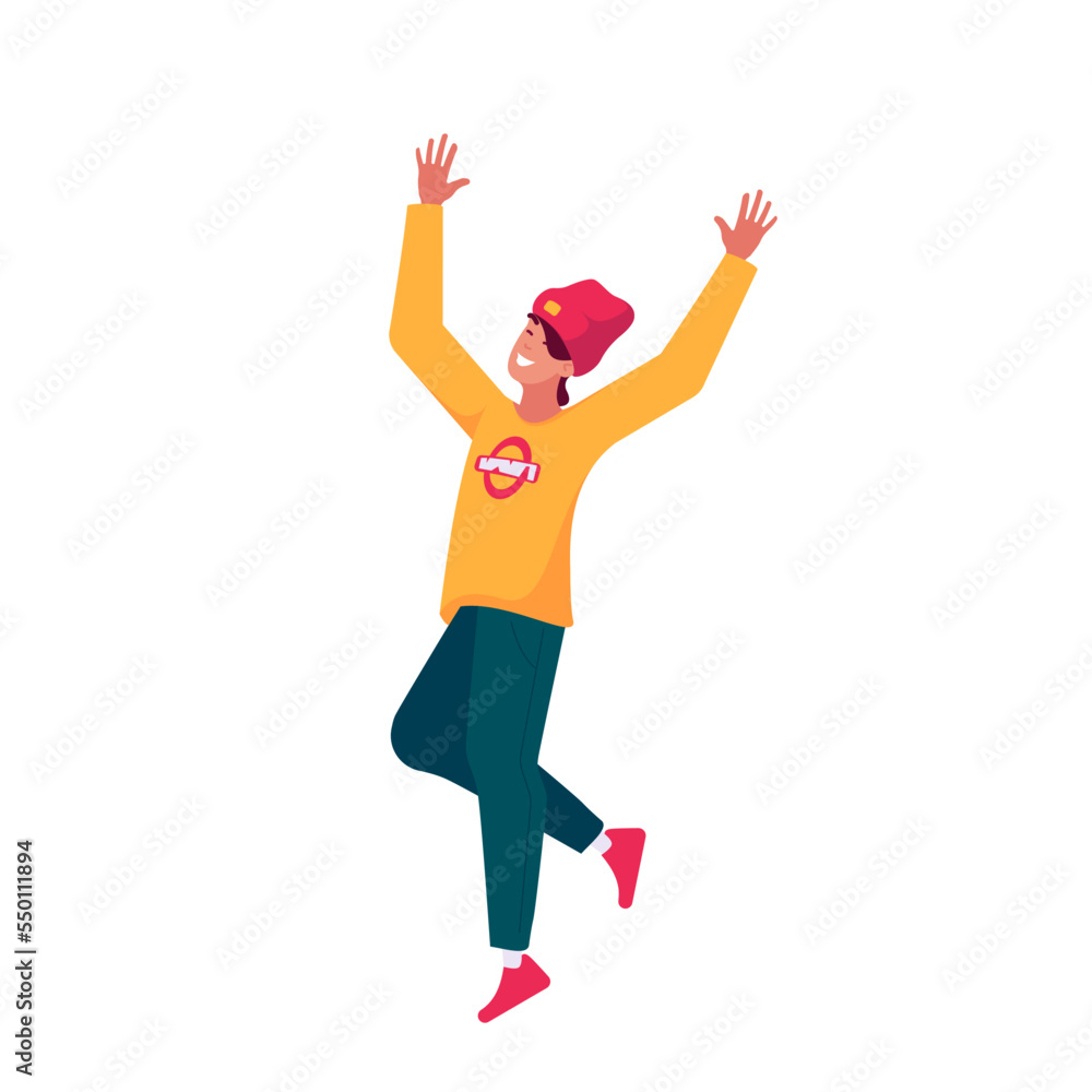 Fototapeta premium Happy Teenager In Trendy Clothes Jumping And Laugh Isolated On White Background. Positive Teenage Character Jump