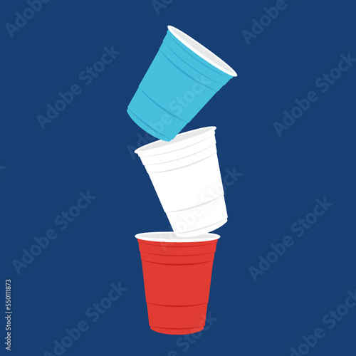 Party cup isolated on red background, vector illustration. Red, White and Blue beer cup vector. Beer pong.