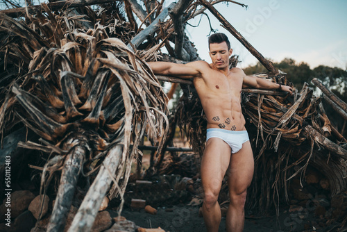 muscular man in briefs leaning against dry house-shaped trees photo