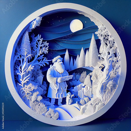 Winter and Christmas Paper Cut Illustration with Tree and Santa Scene photo