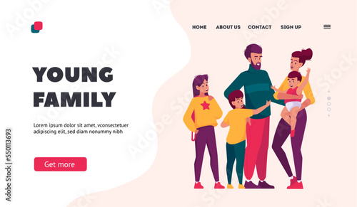 Young Family Landing Page Template. Happy Mother, Father, Son, Daughter and Little Baby Cheerful Personages, Smiling