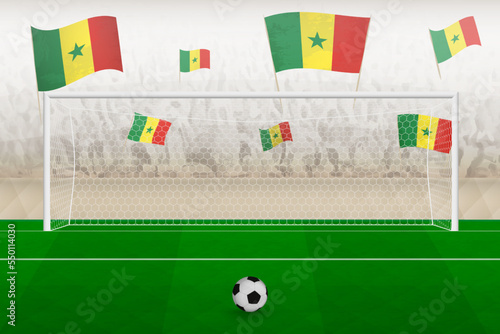 Senegal football team fans with flags of Senegal cheering on stadium, penalty kick concept in a soccer match.
