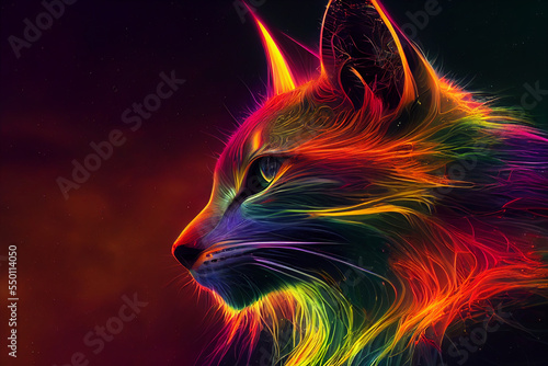 Digital illustration portrait of an abstract lynx shining in rainbow colors, infinite turbulence, fluorescent red colours comforting and relaxing design.