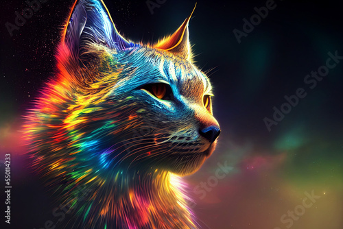 Digital illustration portrait of an abstract lynx shining in rainbow colors, infinite turbulence, fluorescent red colours comforting and relaxing design.