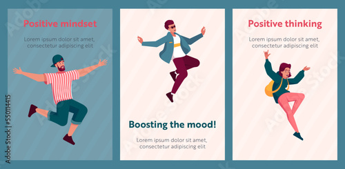 Positive Mindset, Good Mood Group Cartoon Banners. Happy Laughing People Jumping Up And Celebrating Victory Posters