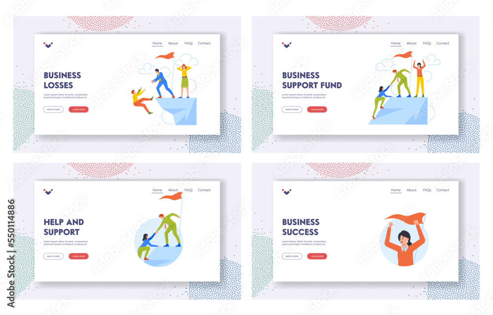 Business Support and Loss Landing Page Template. Characters Climb the Mountain Top and Fall Down from Rock Edge