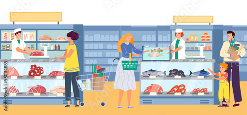 Group of people character together buy meat product in butcher store, local supermarket with organic mince fish flat vector illustration.