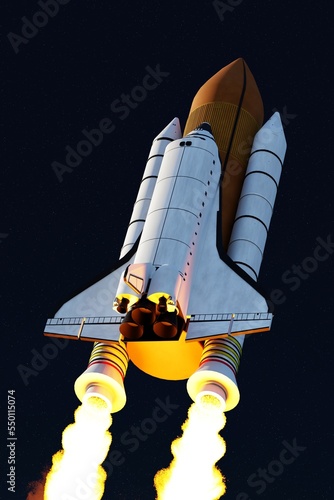 Space shuttle flying in dark blue sky with stars. Launch of spaceship concept. photo