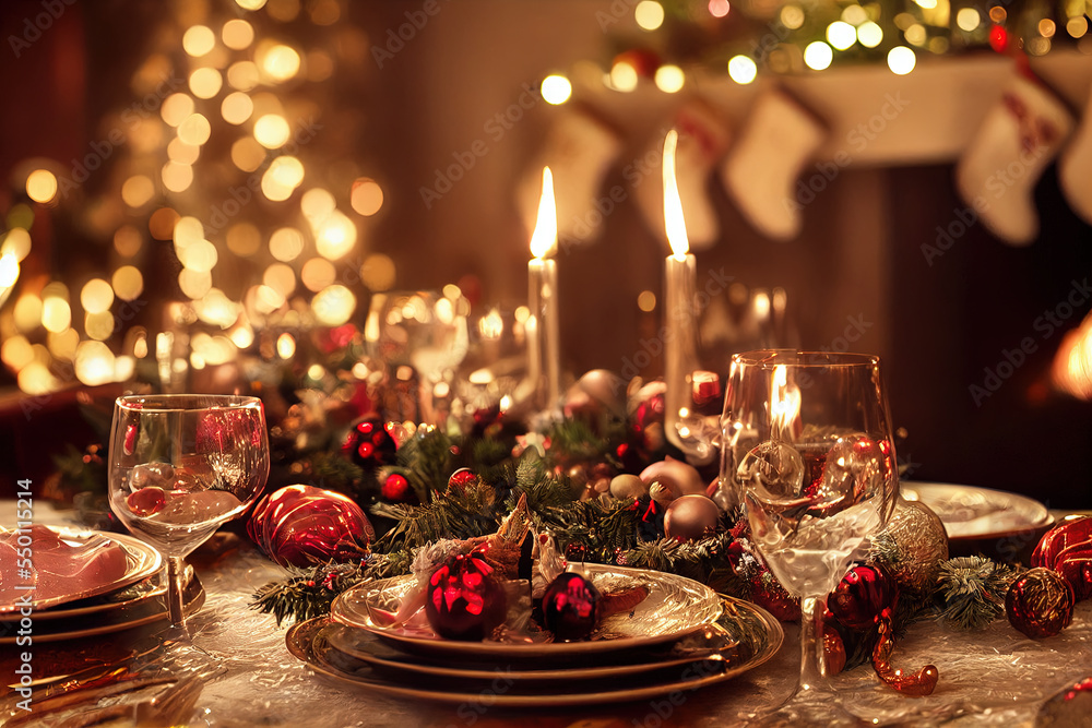 Beautiful table in an evening, chic and with Christmas decorations.