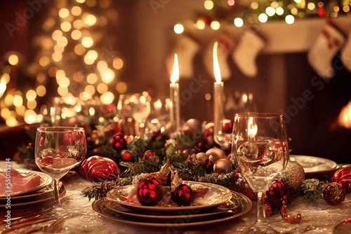 Beautiful table in an evening, chic and with Christmas decorations.
