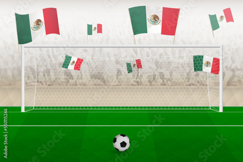 Mexico football team fans with flags of Mexico cheering on stadium, penalty kick concept in a soccer match.