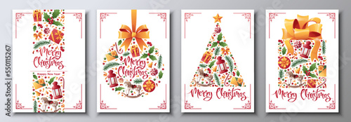 Set of Christmas and New Year cards with festive decor. Christmas ball, tree, gift. Great for invitations, cards, posters, banners.