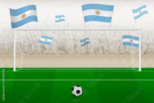 Argentina football team fans with flags of Argentina cheering on stadium, penalty kick concept in a soccer match.