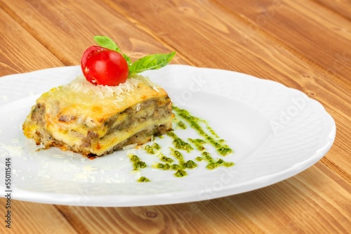 Traditional tasty fresh lasagna dish with sauce
