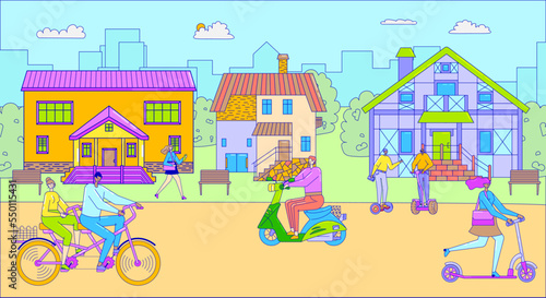 Cheerful time spend, people riding together different type personal transport bicycle and scooter line vector illustration banner.