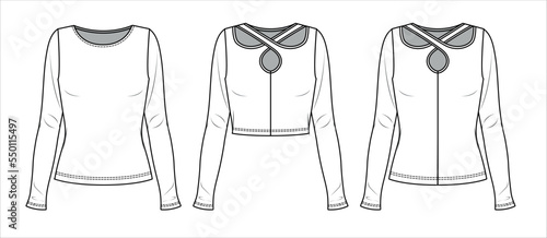 Vector cut out long sleeved t shirt fashion CAD, woman winter round neck  crop top technical drawing, template, sketch, flat, mock-up. Jersey modern 3 pieces set top with front, back view, white color