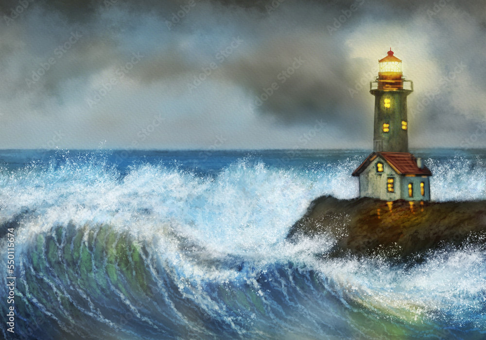 Old lighthouse on the shore of the sea, lighthouse on the coast. Digital watercolor paintings sea landscape, fine art