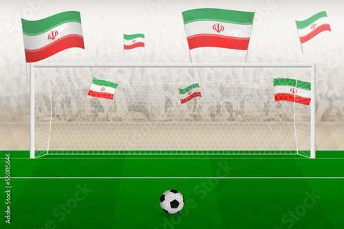 Iran football team fans with flags of Iran cheering on stadium, penalty kick concept in a soccer match.