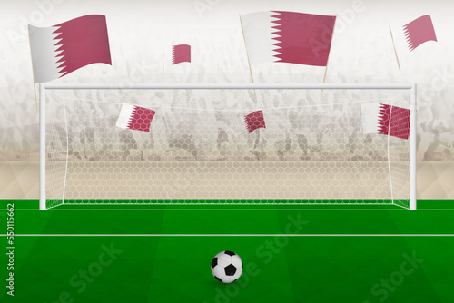 Qatar football team fans with flags of Qatar cheering on stadium, penalty kick concept in a soccer match.
