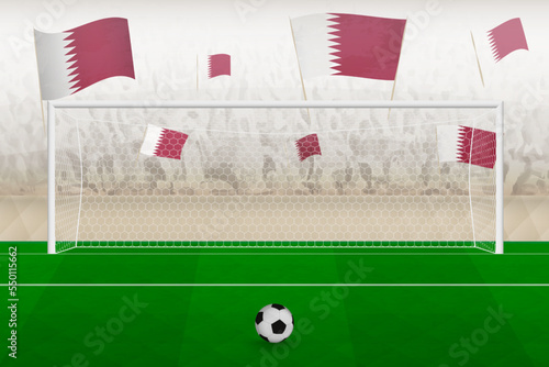 Qatar football team fans with flags of Qatar cheering on stadium  penalty kick concept in a soccer match.