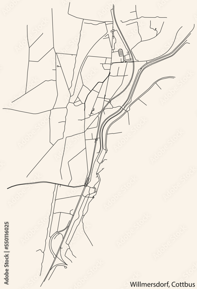Detailed navigation black lines urban street roads map of the WILLMERSDORF DISTRICT of the German town of COTTBUS, Germany on vintage beige background Detailed navigation black lines urban street roads map of the WILLMERSDORF DISTRICT of the German town of COTTBUS, Germany on vintage beige background