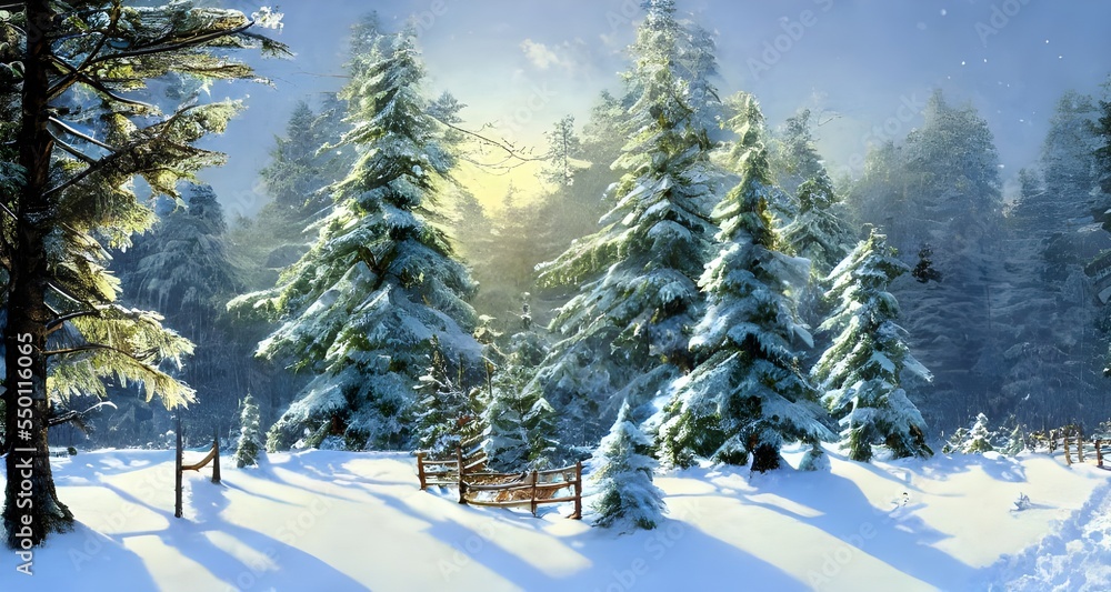 Fototapeta premium It's a winter forest landscape. The trees are covered in snow and there is a small river running through the center of the image. In the distance, you can see mountains rising up into the sky. It's a 